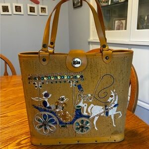 Vintage Collin’s Yellow Tote Bag with Beaded Horse & Carriage Motif